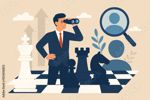 Business strategy planning, leadership vision, competitor analysis, chess metaphor, decision making, future success, market competition, executive management, goal achievement, opportunity search