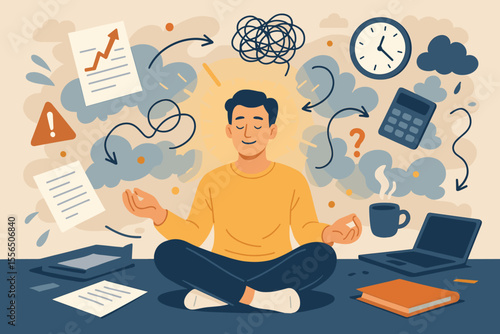 Meditation for Stress Management and Emotional Control at Work. Mindfulness to Reduce Anxiety, Increase Focus, Solve Problems Amid Chaos, Workplace Calm, Productivity, Mental Health Concept