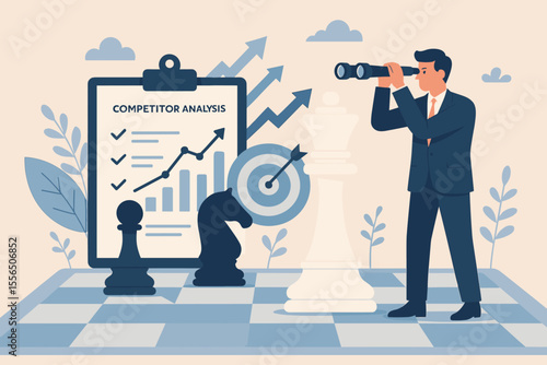 Business Strategy Success, Competitor Analysis, Leadership Vision, Chess Metaphor, Market Planning, Businessman with Binoculars, Target Achievement, Growth, Competitive Advantage, Planning Ahead
