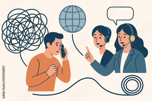 Customer service metaphor. Problem and solution concept. Tangled and untangled thoughts. Client support. Call center operator advises customer. Hotline help for business problems.