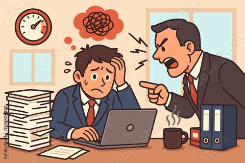 Angry boss yelling at a stressed employee. Workplace bullying and harassment concept. Overwhelmed office worker feeling pressure from deadline. Toxic work environment, burnout vector.