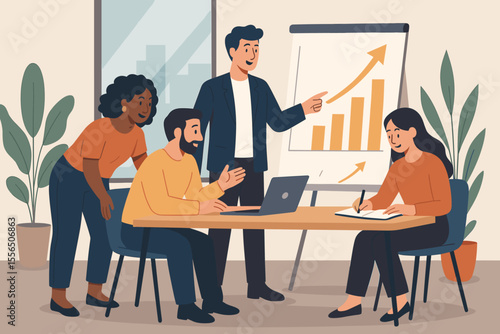 Diverse business team collaborating in modern office, analyzing growth charts, developing success strategies, planning company achievement, financial progress, teamwork, brainstorming ideas