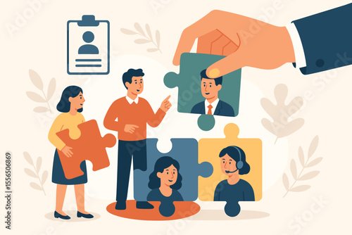 Human resources management concept. Recruitment and staffing metaphor. Manager hand placing a puzzle piece with an employee to build a team. Finding the right candidate for the job.