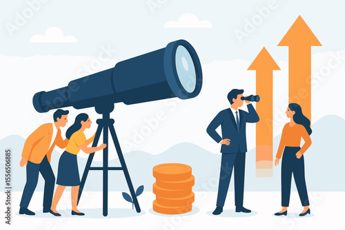 Business team with telescope searching for future opportunity. Metaphor for corporate vision, strategic planning, teamwork, and success. Partnership, investment, and profit growth.