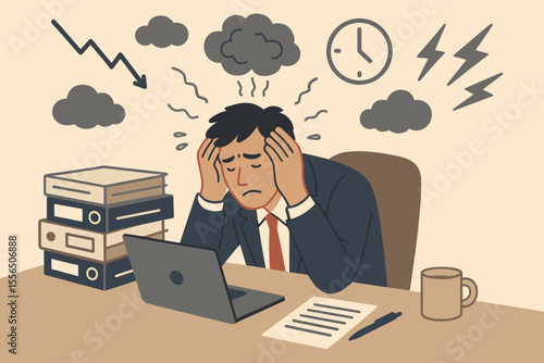 Workplace stress overload, anxiety, burnout concept. Overwhelmed office worker with paperwork, deadlines, economic crisis, excessive responsibility. Mental health, pressure, depression, modern vector