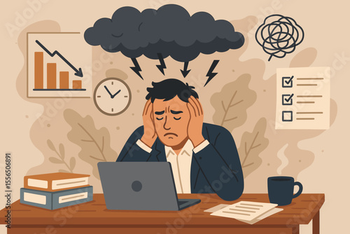 Overwhelmed office worker stress anxiety burnout concept. Economic crisis pressure, workload overload, mental health, depression, deadline, business problems, productivity loss, modern flat vector