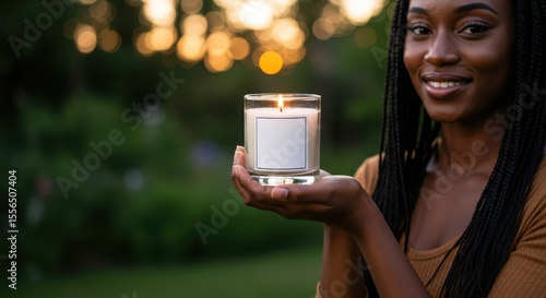 Candle Jar Mockup with Blank Label Held by Black Woman’s Hand in Natural Setting