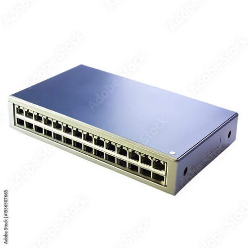 A metallic network switch with numerous ports is isolated on transparent background, representing highspeed internet connectivity.