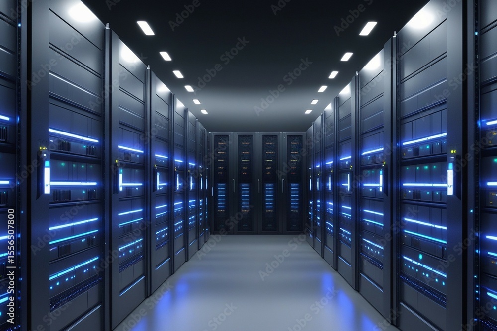 Fototapeta premium Server racks in modern server room data center. 3d illustration