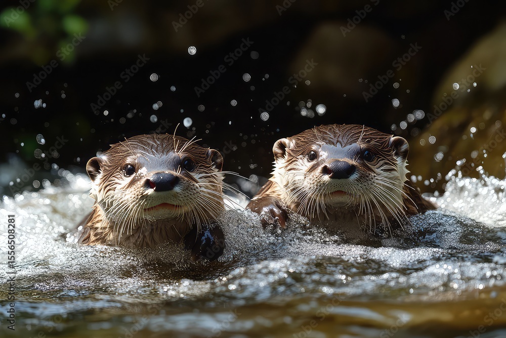 Fototapeta premium Playing otters sliding on their bellies in a stream, clean photography, high detailed