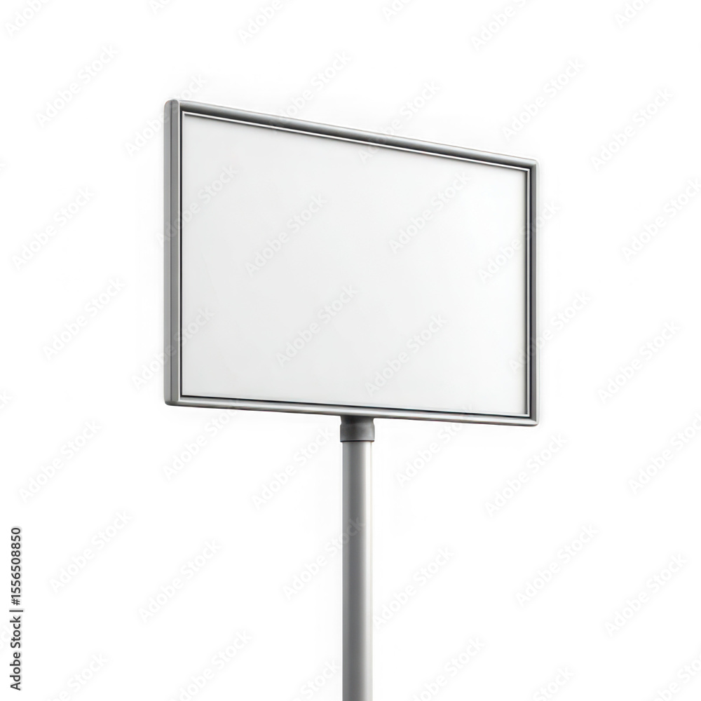 A blank white sign with a silver frame on a silver pole against white background A blank white sign with a silver frame on a silver pole against white background