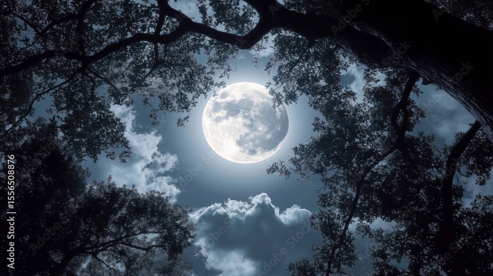 Naklejka premium The Full Moon Shining in the Night Sky with Clouds and Trees, Creating a Mysterious and Tranquil Atmosphere.