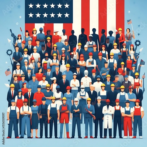 Diverse group of american workers standing in front of a large american flag