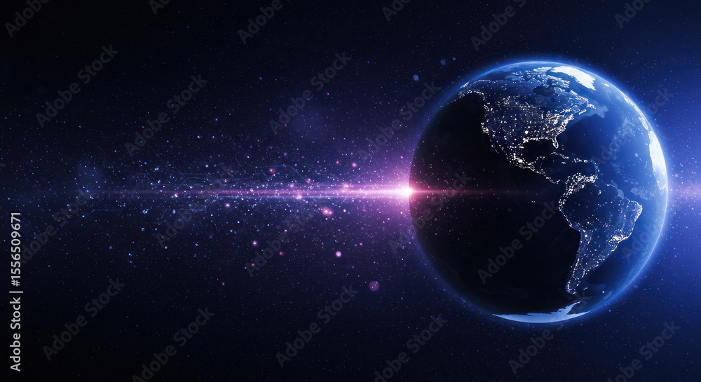 Obraz premium Earth globe with city lights and a bright streak in space.