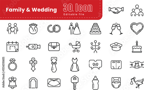 Wedding Line Icons set collection. Thin Line editable Stroke. Pixel Perfect. Contains such icons as Wedding, Heart, Love, Wedding Dress, Engagement Ring,