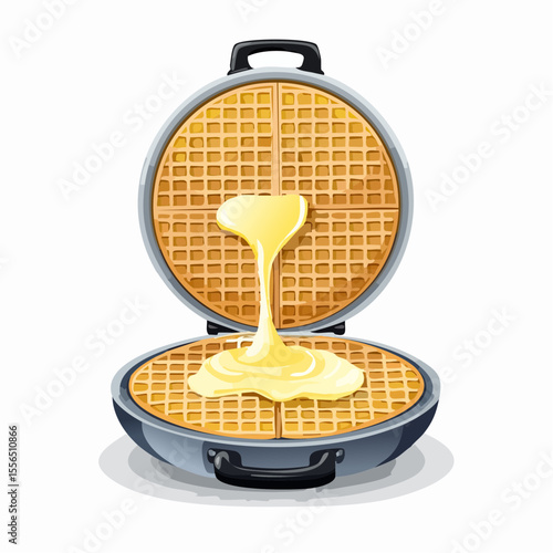 A waffle iron mid-cook with batter dripping
