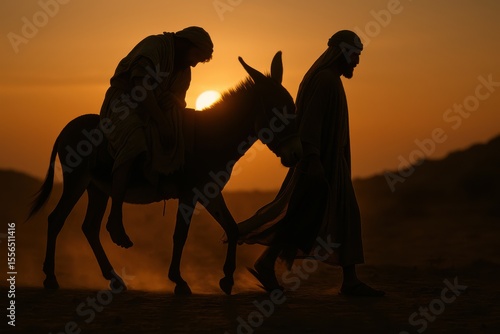 The Good Samaritan walks beside his donkey, guiding the wounded traveler seated gently on its back along a dusty path, golden evening light casting long shadows — ultra-realistic biblical storytelling