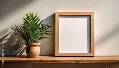blank picture frame on wooden shelf with plant