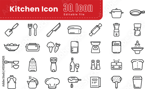 Kitchen, Dish plate, Food bowl and Cooking line icons set. Thin Line Icons - Editable Stroke. Food plate, glass and tea cup. Vector