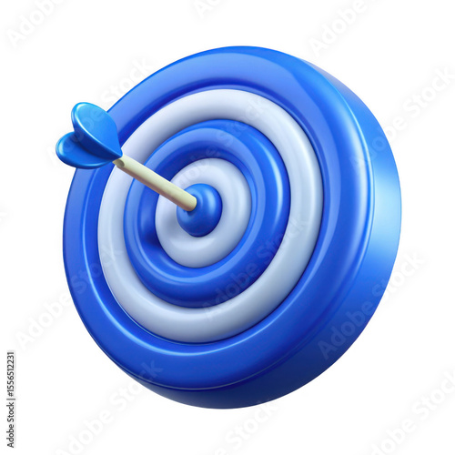 Blue and white dartboard with arrow in the bullseye isolated on transparent background
