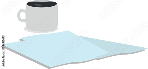 Coffee cup and scattered paper sheets, top view, perspective view. Flat cartoon office desk accessories.
