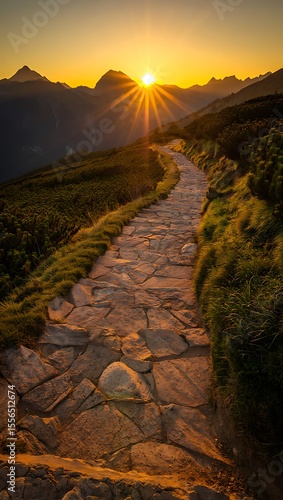 Golden Hour Sunburst Illuminates Rocky Mountain Trail During Ascent