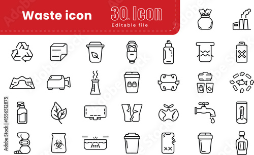 Garbage, waste Thin Line Icon Set. waste items in teal outline style. compost, garbage, landfill, waste, recycling, bin,