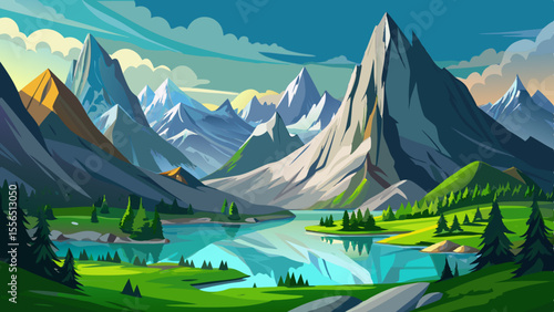 Towering limestone peaks glow silver in the morning mist. Below, green meadows and calm alpine lakes contrast the rugged majesty with soft natural charm.