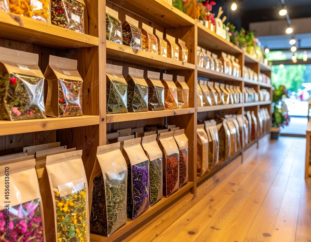 Naklejka premium Wooden shelves of dried herbs