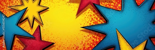 Vibrant comic style background with stars halftone. Yellow red blue colors dot pattern. Pop art retro vintage design, youthful theme. Illustration for social media posts, print. Cheerful fun artistic