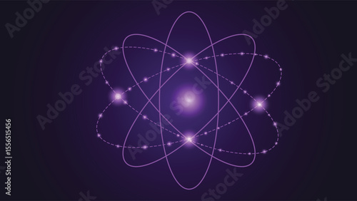 Modern abstract purple background featuring a glowing atom with dynamic electron orbits, perfect for science, technology, physics, energy, and futuristic themed creative projects.