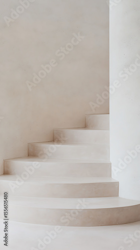 Minimalist staircase in light beige tones. Modern architecture and design concept. Smooth curves and neutral palette for a serene atmosphere.