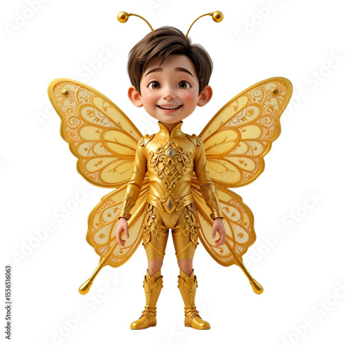 Cheerful Animated Child In An Intricate Golden Butterfly Costume With Ornate Wings And Antennae.eps