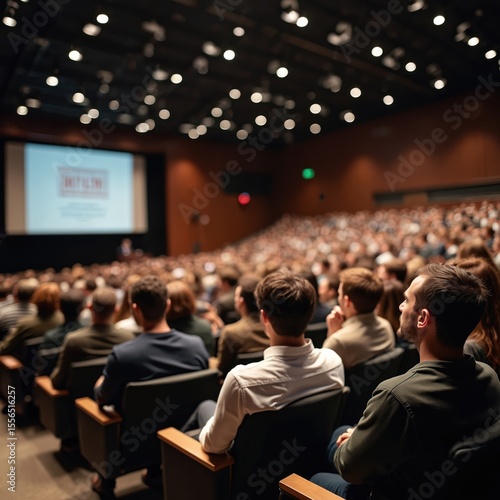 Large auditorium hosts educational seminar, workshop. Many students listen to speaker. Business, education concept. People attend conference. Audience listens attentively to presentation.