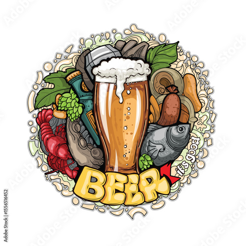 Set of vector doodle cartoon drawings. Composition of objects and symbols on the theme Beer market. Isolated illustrations.