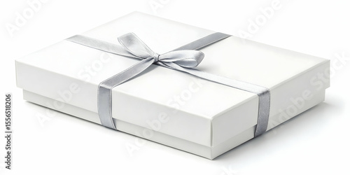 Rectangular white gift box with silver ribbon on white background