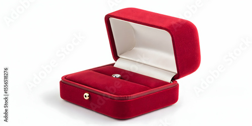 Small red velvet jewelry box slightly open on pure white background