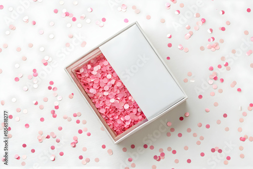Transparent plastic gift box filled with pink confetti on white backdrop