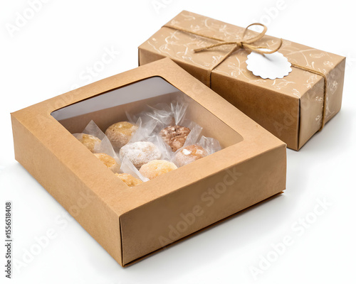 Kraft box with window display and clear cellophane on white background