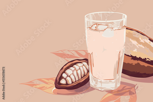 Vector illustration of cacao water in a glass and half of cacao fruit with palm leaves on a peach backdrop