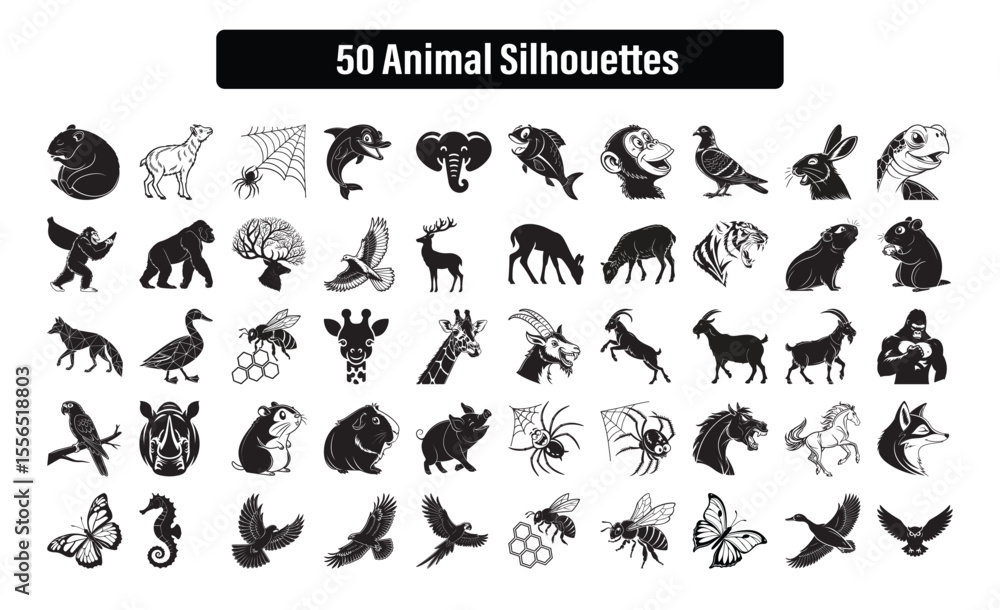 Fototapeta premium Vector Set of 50 Animal Silhouettes Wildlife Birds Mammals Insects Sea Life and Pets Icons