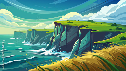 Sheer cliffs rise dramatically from the Atlantic Ocean, lined with emerald grass. The wind flows wildly, offering a sense of freedom at the edge of the earth.