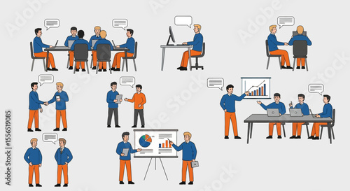 Diverse Team Collaboration Illustrations of Business Meetings, Presentations, and Teamwork