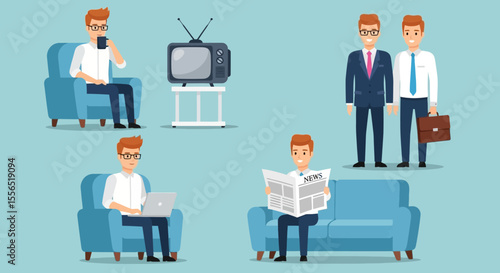 Retro Lifestyle Illustrations Man Relaxing, Working, and Socializing