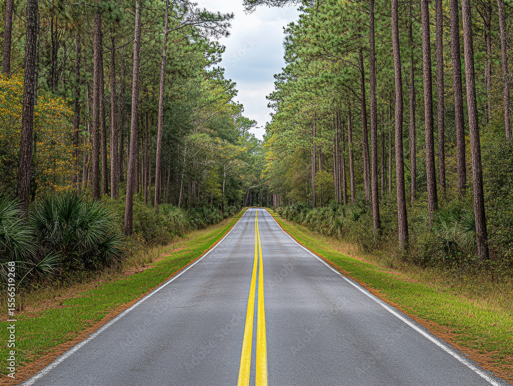 Fototapeta premium Straight road running through dense forest with tall trees on both sides, lush greenery, and cloudy sky overhead, creating peaceful and scenic rural landscape