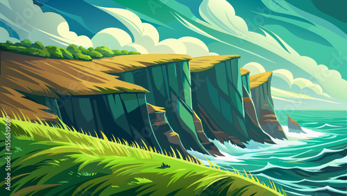 Sheer cliffs rise dramatically from the Atlantic Ocean, lined with emerald grass. The wind flows wildly, offering a sense of freedom at the edge of the earth.