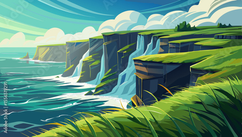 Sheer cliffs rise dramatically from the Atlantic Ocean, lined with emerald grass. The wind flows wildly, offering a sense of freedom at the edge of the earth.