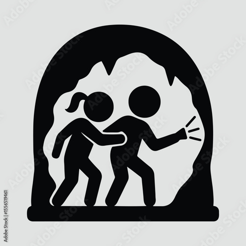 Silhouette cavers exploring cave with light adventure travel Vector illustration