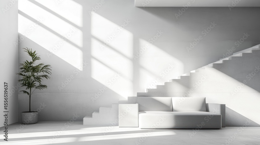 Fototapeta premium White minimalist interior design featuring stairs and a sofa.