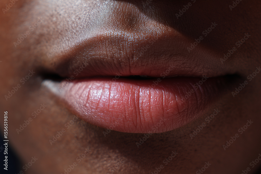 Obraz premium Close-up of lips with natural texture and deep brown skin tone showing subtle light reflections and smooth softness, highlighting skin detail and healthy appearance.